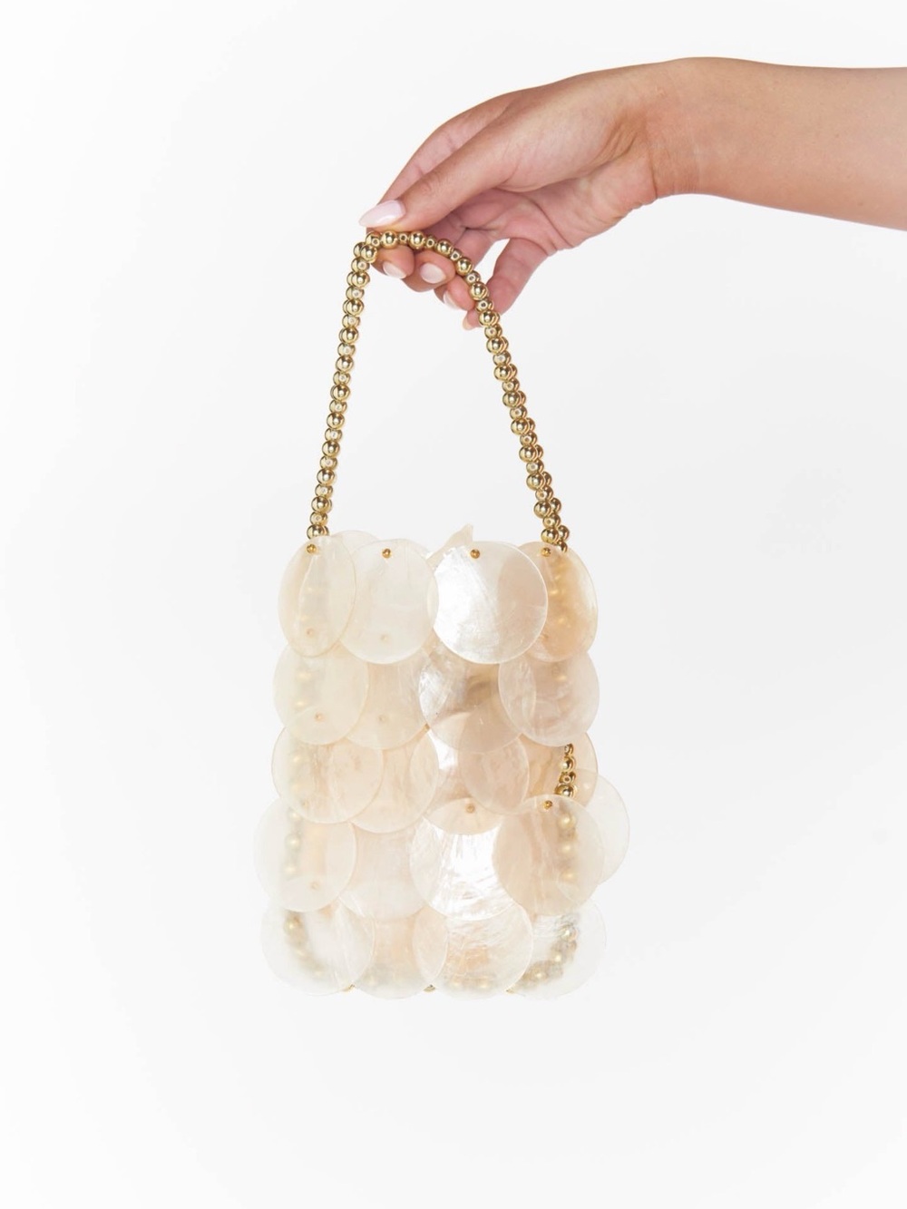 Show Me Your MuMu Iridescent Capiz Disc Clutch with Gold Beaded Handle